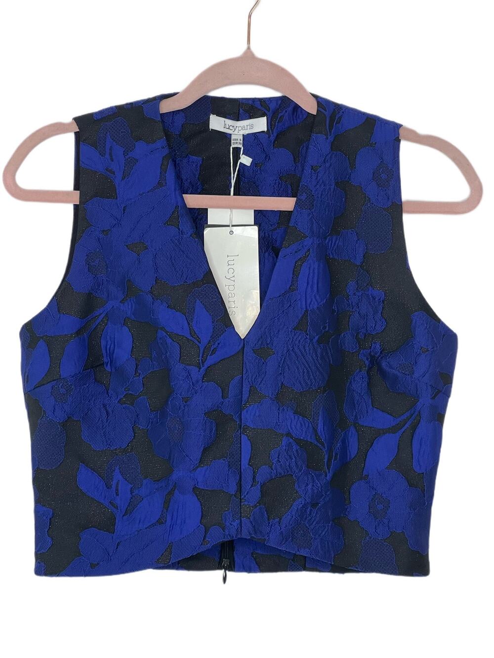 NWT Lucy Paris Cobalt Blue Black Brocade‎ V-Neck Sleeveless Dressy Crop Vest Top